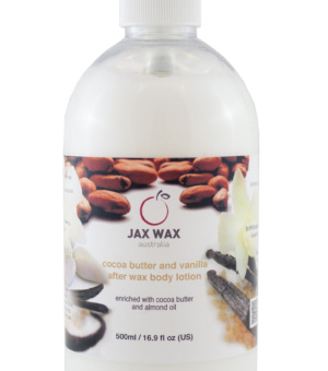 Jax Wax Cocoa Butter & Vanilla After Wax Lotion 500 ml – Professionel beroligende lotion med kakaosmør og vaniljeduft til brug efter voksbehandling.