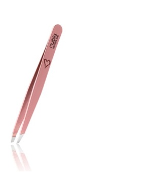 Billede af en lyserød farvet Rubis pincet med skrå spids, fremstillet i kirurgisk rustfrit stål til præcis brynstyling