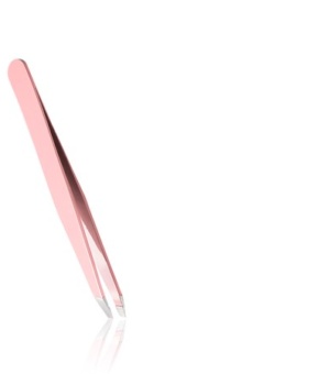 Billede af en lyserød farvet Rubis pincet med skrå spids, fremstillet i kirurgisk rustfrit stål til præcis brynstyling.