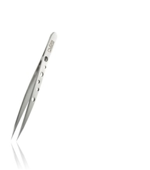 Billede af en sølvfarvet Rubis pincet med spids, fremstillet i kirurgisk rustfrit stål til præcisionsarbejde og fjernelse af indgroede hår.